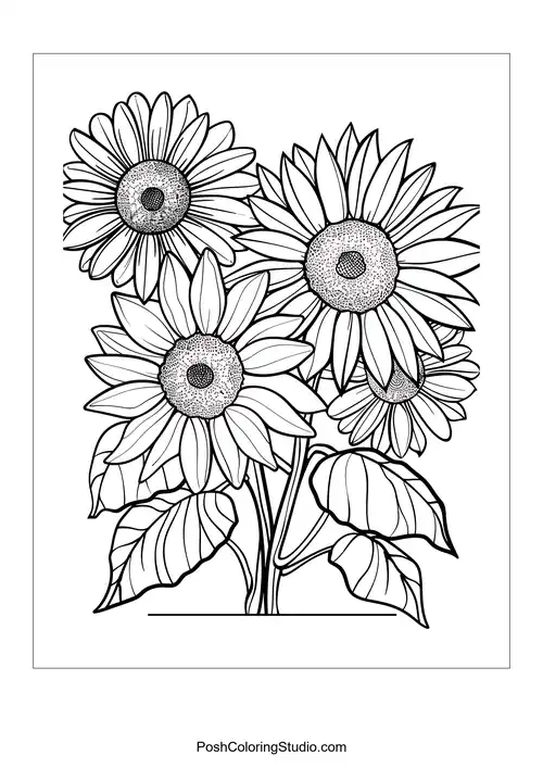 Three sunflowers with intricate petal details and leaves.