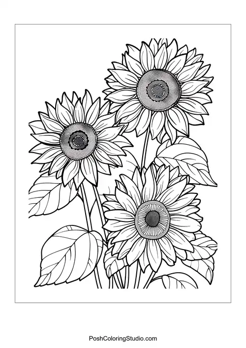 A cluster of sunflowers with layered petals and leaves.