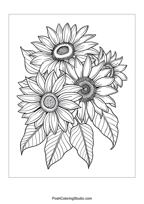 Three sunflowers with detailed centers and leaves.