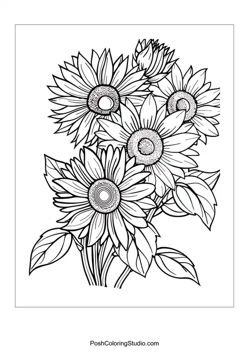 Three sunflowers with distinct centers and leaves.