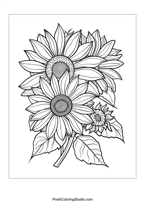 A cluster of sunflowers with swirling petal designs.