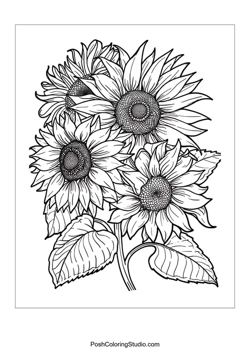 A bouquet of sunflowers with detailed petal outlines.