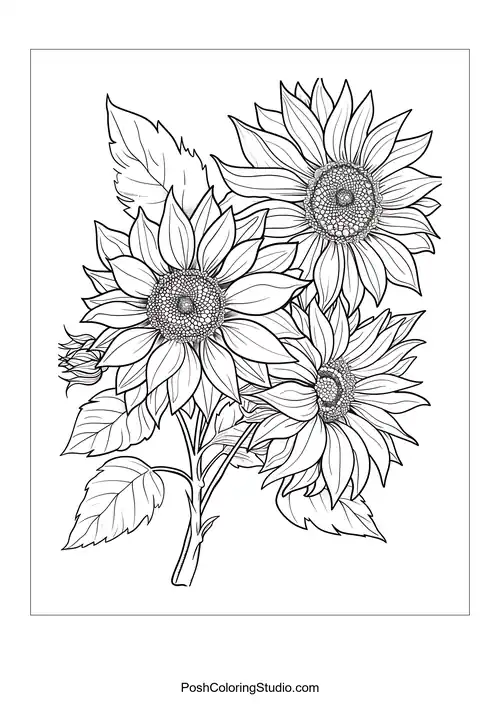 Three sunflowers with detailed centers and leaves.