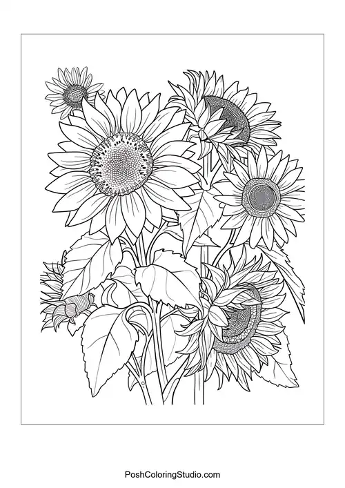 A bouquet of sunflowers with detailed leaves.