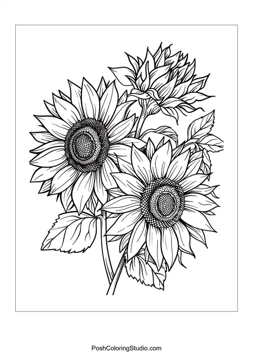 A cluster of sunflowers with layered petals and leaves.