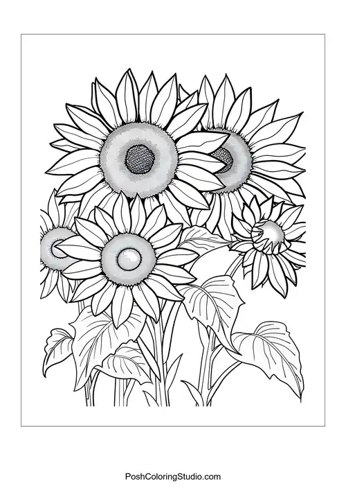 A cluster of sunflowers with swirling petal designs.