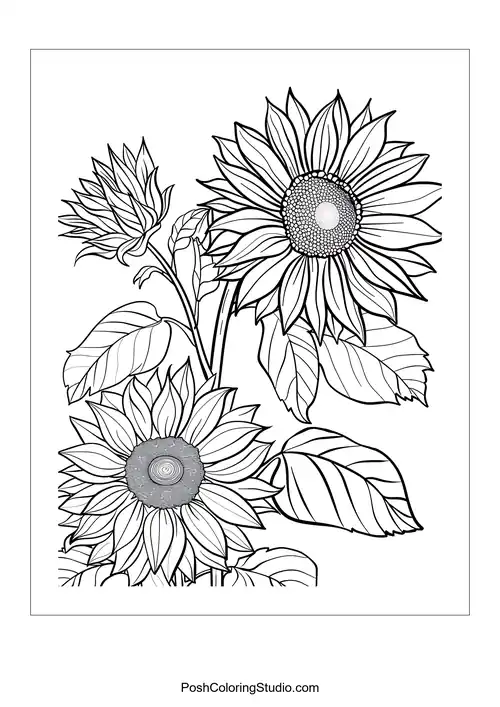 A bouquet of sunflowers with detailed petal outlines.