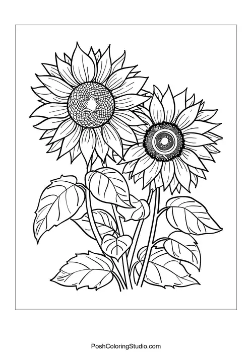 A cluster of sunflowers with layered petals and leaves.