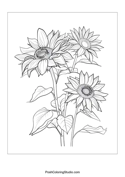 A cluster of sunflowers with swirling petal designs.
