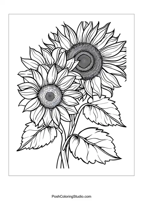 A bouquet of sunflowers with detailed petal outlines.