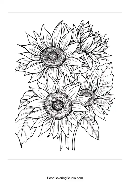 A cluster of sunflowers with layered petals and leaves.