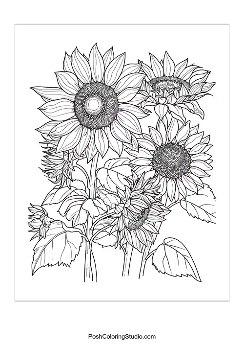 A cluster of sunflowers with intricate textures.