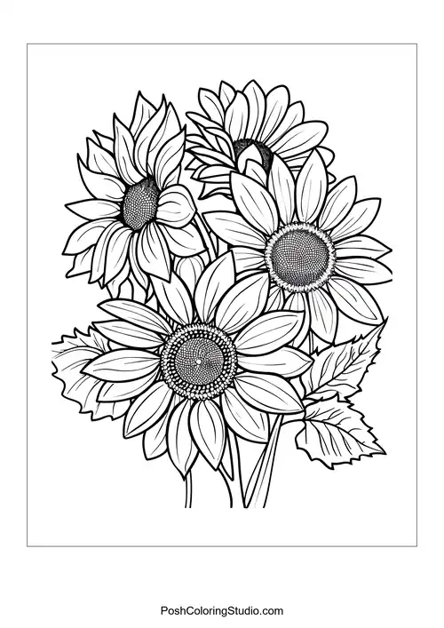A cluster of sunflowers with swirling petal designs.