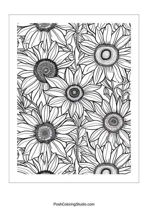 A close-up of sunflowers with detailed centers.