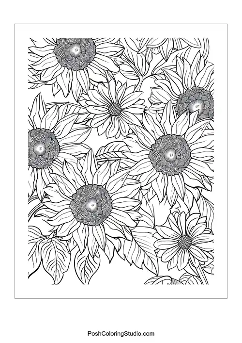 A detailed arrangement of sunflowers and leaves.