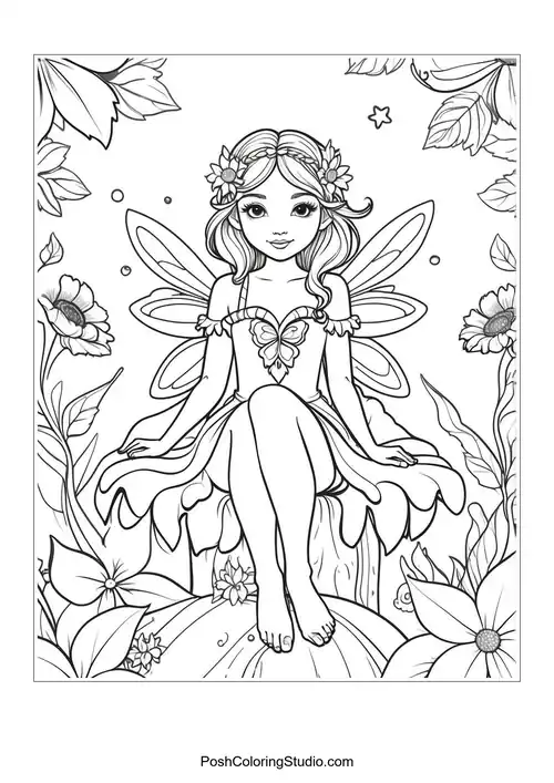 A fairy sitting on a flower with sunflowers and butterflies around.
