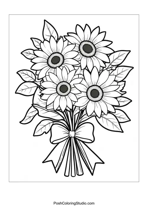 A bouquet of sunflowers with a bow and intricate details.