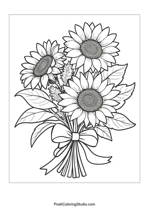 A bouquet of sunflowers tied with a bow and large leaves.