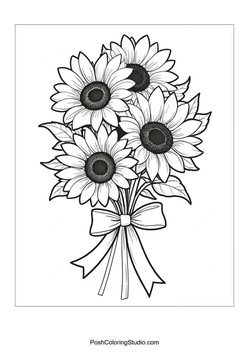 A bouquet of sunflowers with a bow and various leaf shapes.