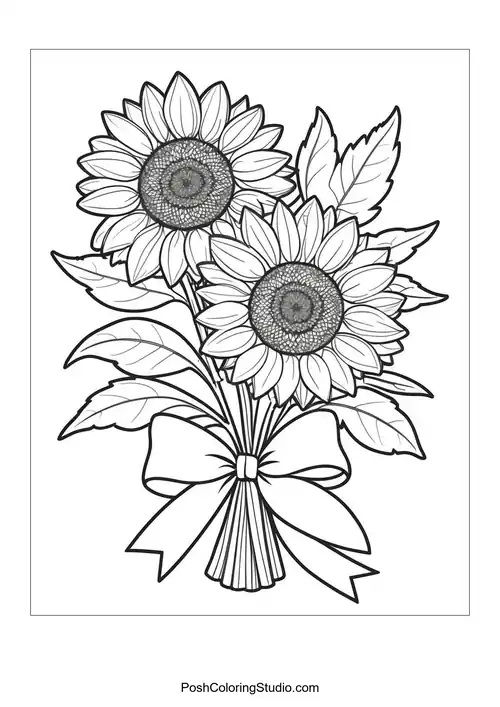 A bouquet of sunflowers with a bow and intricate details.
