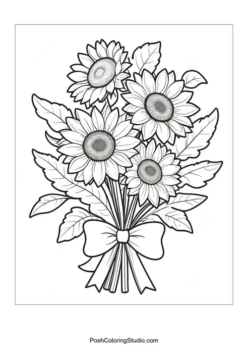 A bouquet of sunflowers with a bow and scattered petals.