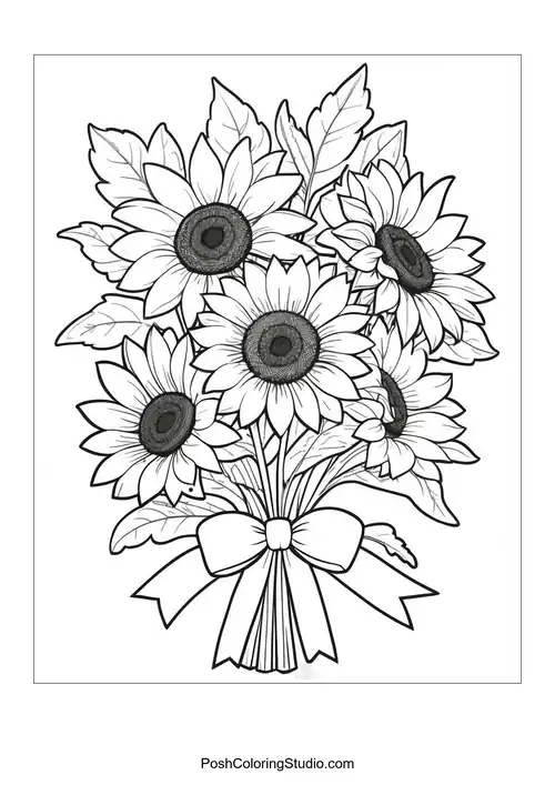 A bouquet of sunflowers with a bow and additional flowers.