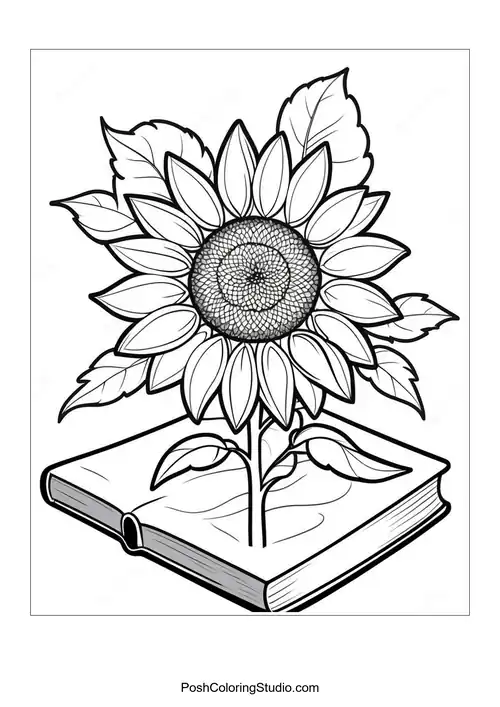 A sunflower growing from an open book with detailed petals.