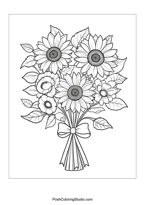 A large sunflower with butterflies and smaller flowers around.