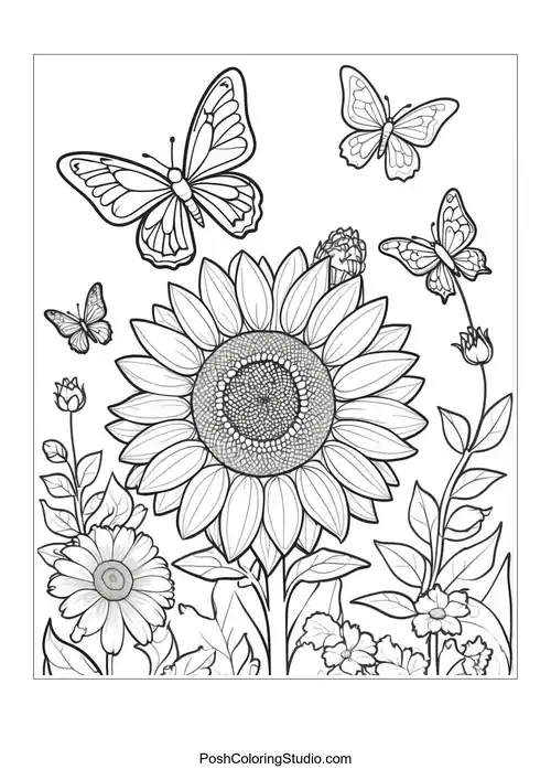 A fairy flying with a sunflower in her hand and flowers around.