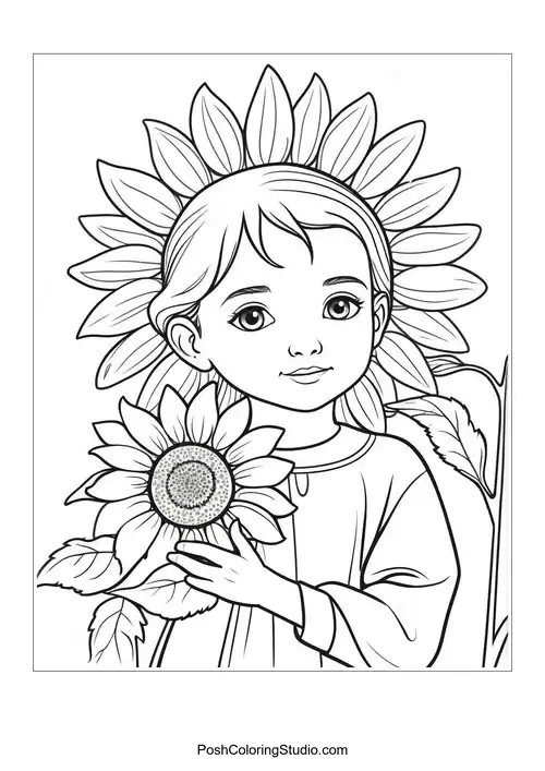 A large sunflower with butterflies and smaller flowers around.