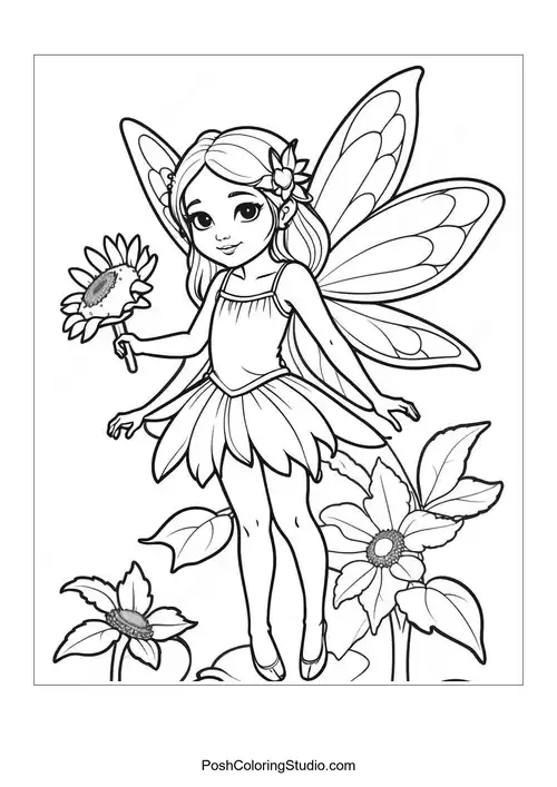 A fairy sitting on a sunflower with a thoughtful expression.