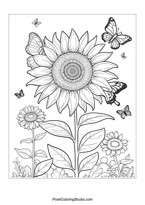 A girl standing next to a tall sunflower with a smile.