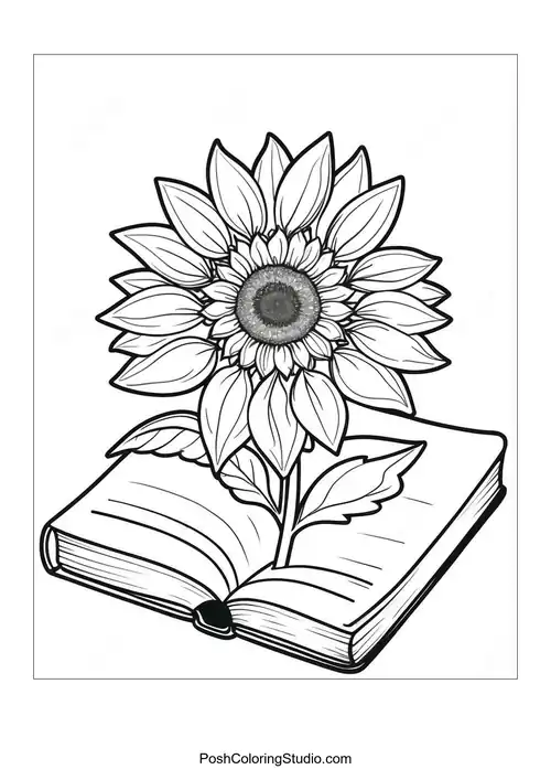 A sunflower in a vase on an open book with intricate details.