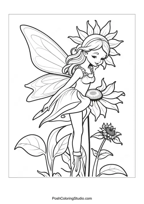 A bee on a sunflower with detailed petals and leaves.