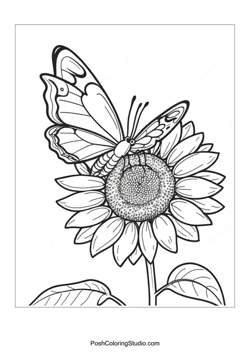 A bee on a sunflower with a textured center and leaves.