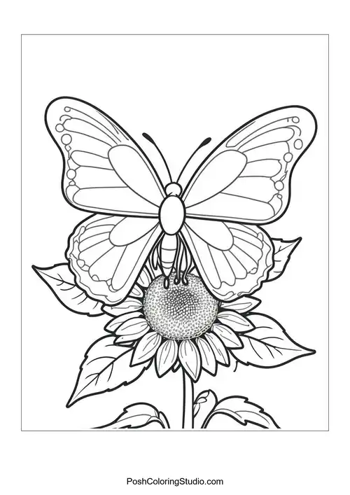 A bee on a sunflower with detailed petals and leaves.