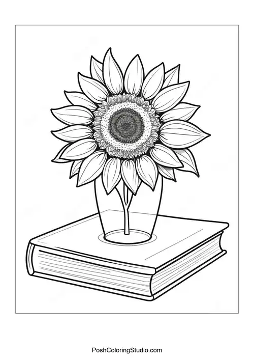 A tall sunflower growing from an open book with large leaves.