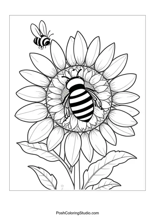 A bee on a sunflower with detailed petals and leaves.