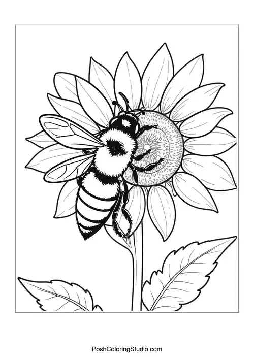A bee on a sunflower with a textured center and leaves.