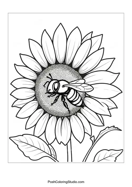 A sunflower with a bee resting on its center.