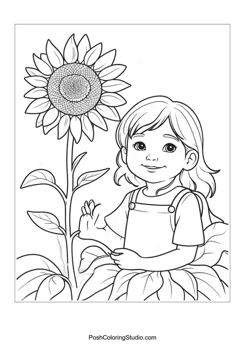 A child standing beside a sunflower, smiling gently.