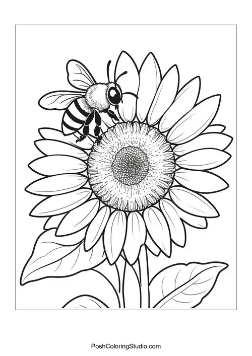 A sunflower with a bee on its petals, facing upward.