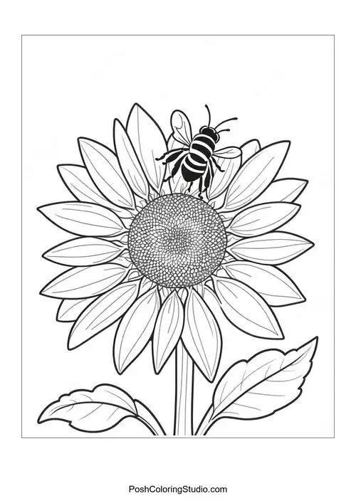 A sunflower with a bee hovering above its center.