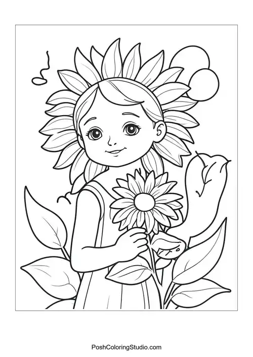 A child holding a sunflower with a joyful expression.