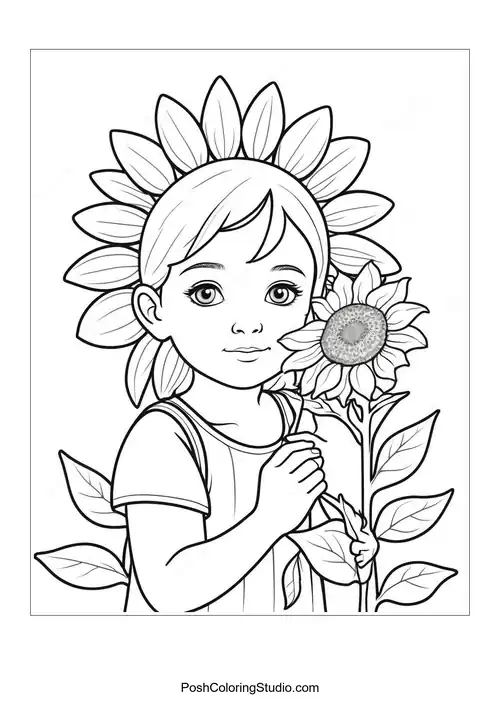 A child holding a sunflower, surrounded by leaves.