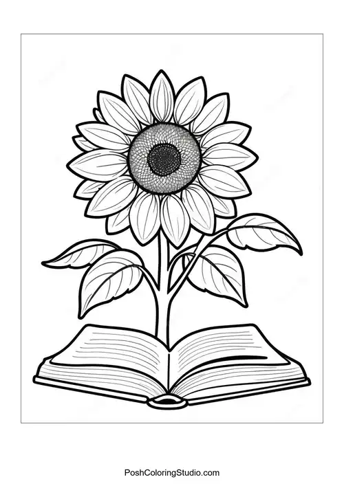A sunflower resting on top of two stacked books with detailed petals.