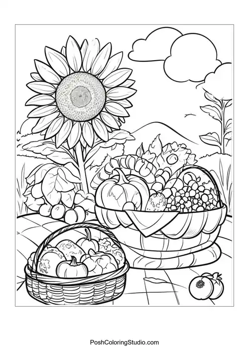 A sunflower in a garden with various fruits in baskets.