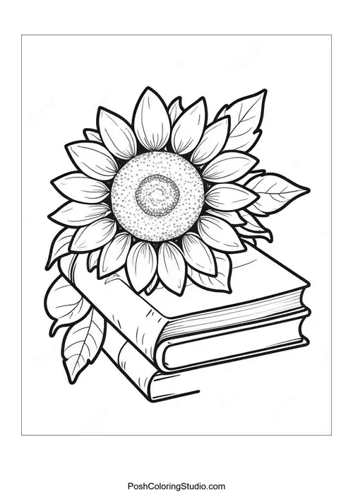A sunflower in a pot on top of two stacked books with leaves.