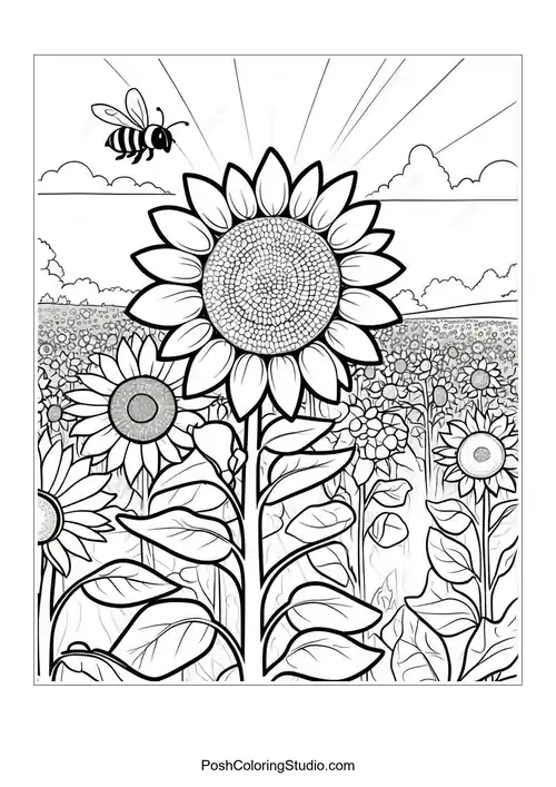 A fairy sitting on a sunflower surrounded by flowers and butterflies.