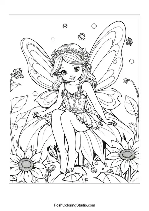 A fairy sitting on a pumpkin surrounded by sunflowers and butterflies.